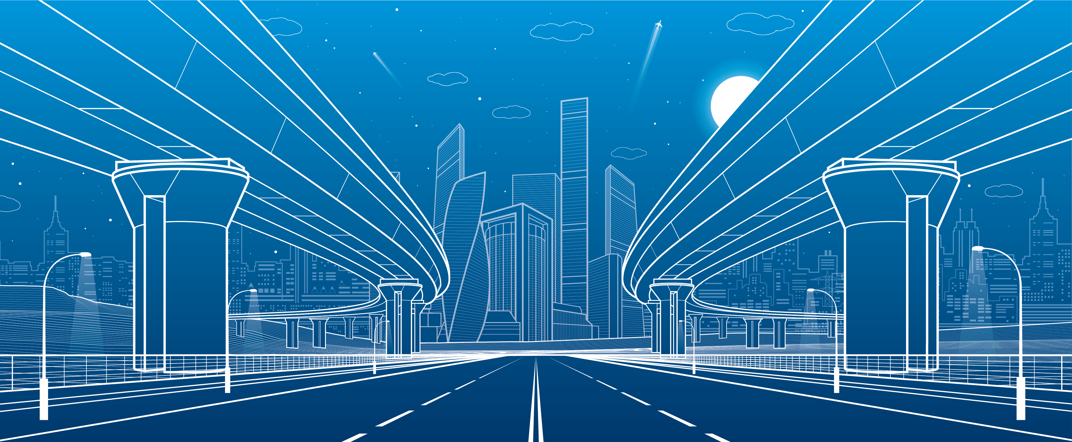 Line illustration of a highway passing under two elevated overpass bridges toward a city skyline
